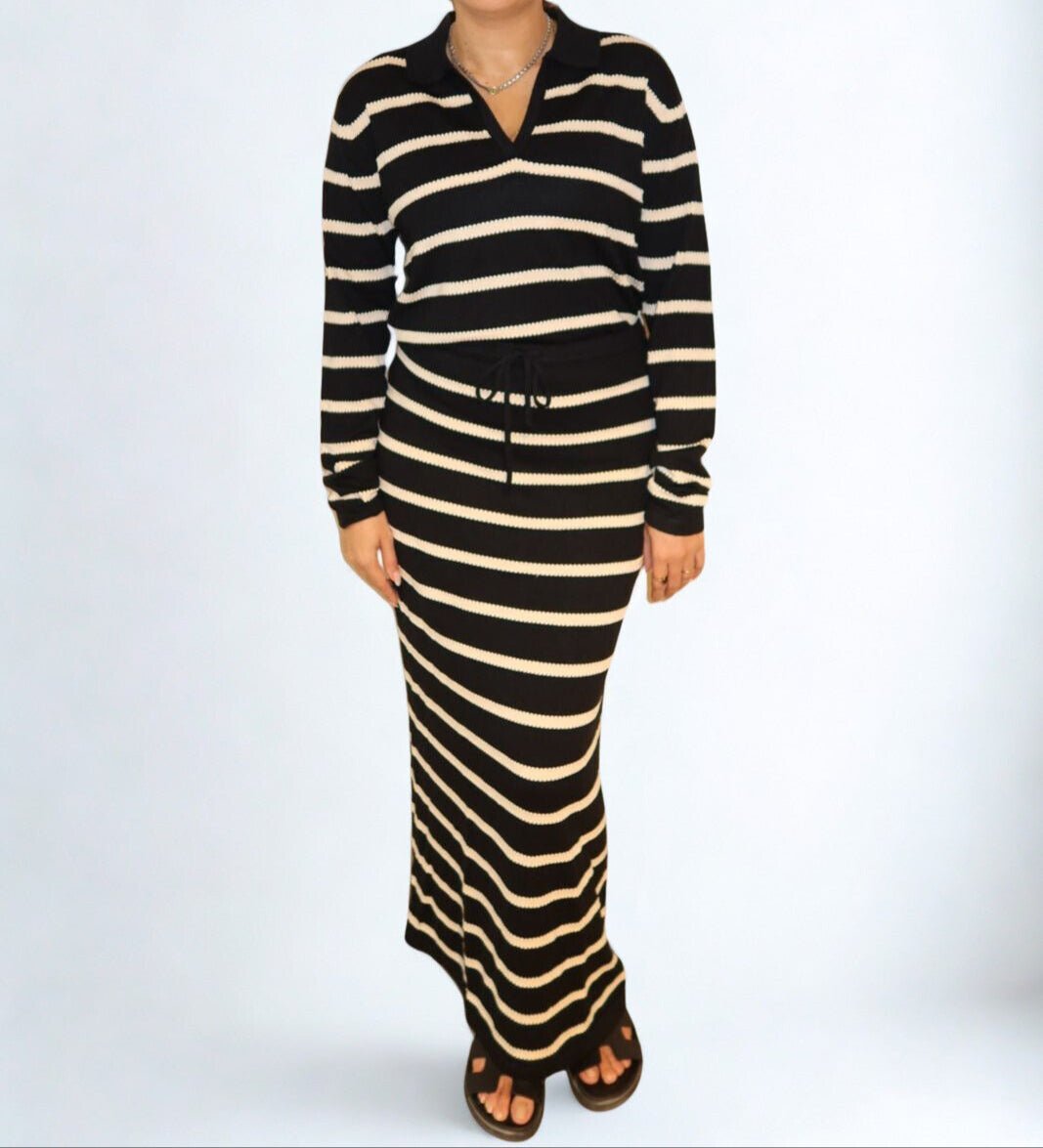 The Bold Rhythm Set by Chez Neeba — black and white printed two-piece with relaxed silhouette, designed for effortless edge and movement, limited edition Dubai fashion.