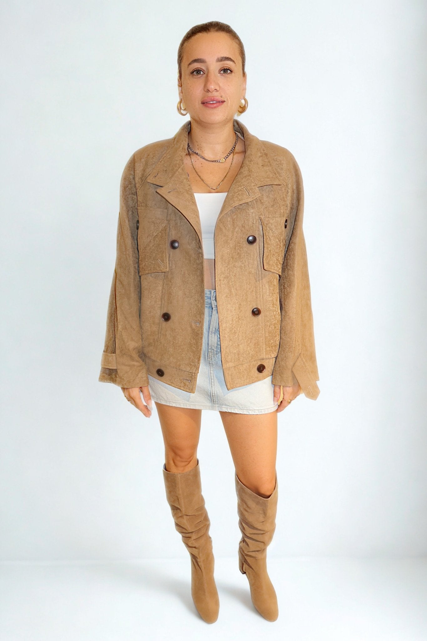 Beige cropped wool jacket by Chez Neeba, structured design, limited edition Dubai women’s fashion.