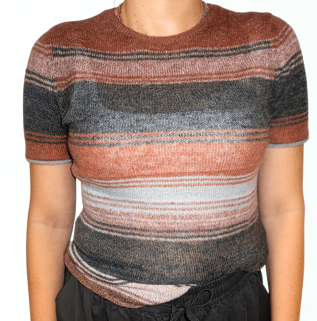 The Horizon Knit Tee by Chez Neeba — striped knit top in warm earthy tones with short sleeves, limited edition women’s fashion from Dubai.