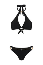 Black bikini set with bow details on a white background