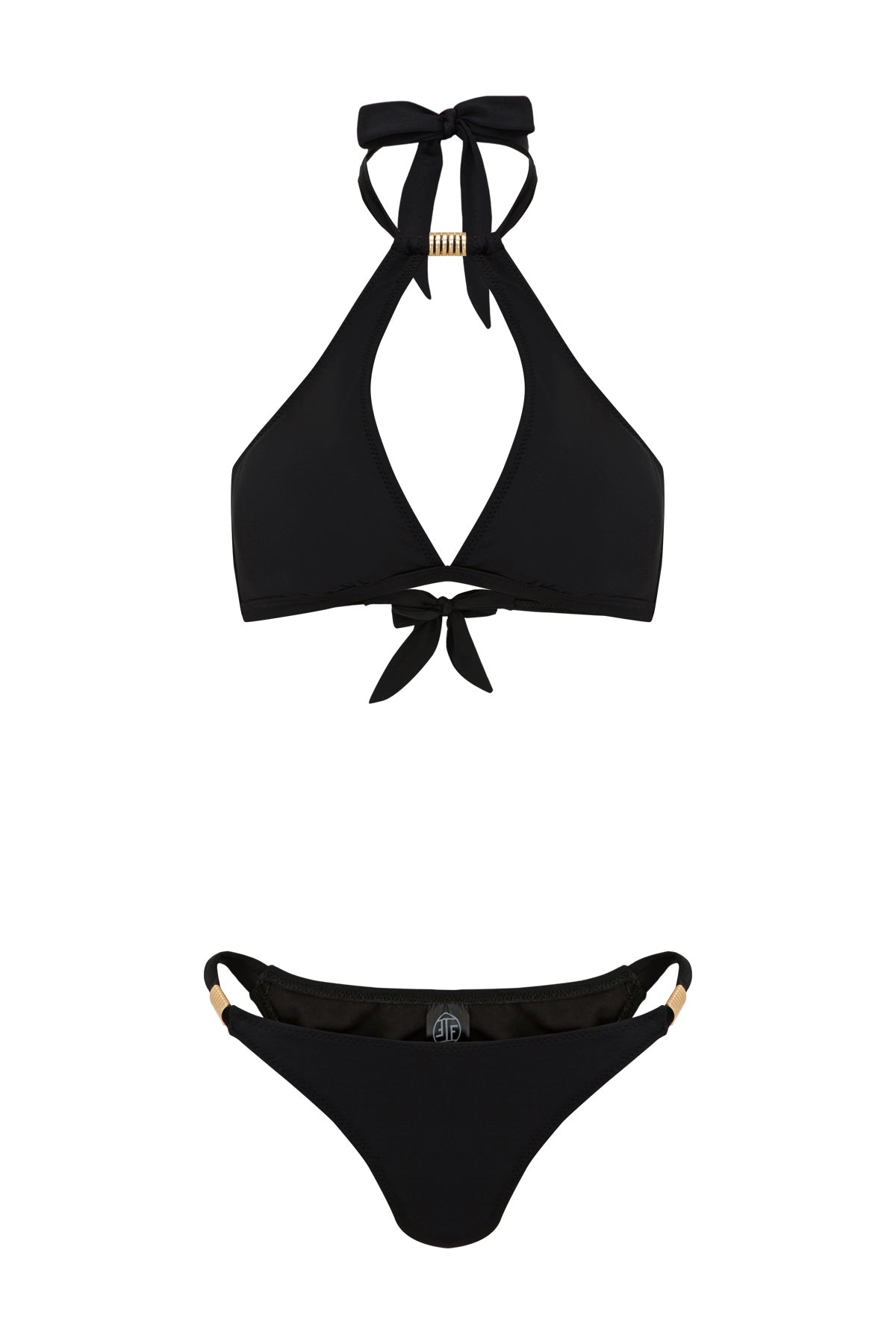 Black bikini set with bow details on a white background