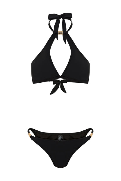 Black bikini set with bow details on a white background