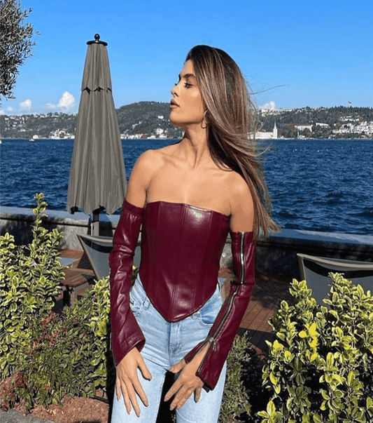 Burgundy off-shoulder faux leather corset top from Chez Neeba.