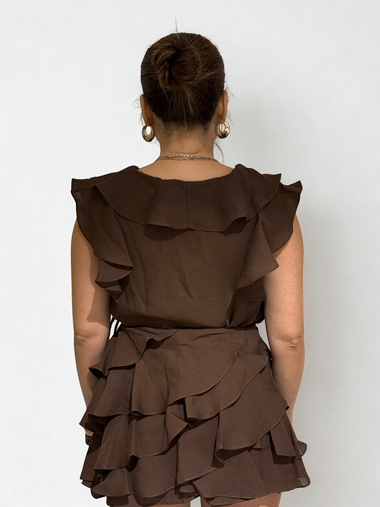 Brown ruffle mini set by Chez Neeba, sleeveless top and mini skirt, limited edition Dubai women’s fashion.