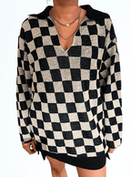 Checkerboard Ease Pullover by Chez Neeba — black and white knit pullover featuring a modern checkerboard pattern, designed for effortless comfort and contemporary style.