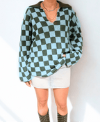 Checkerboard Ease Pullover by Chez Neeba — olive and baby blue checkered knit pullover with a classic collar and wide-fit silhouette, crafted for a relaxed yet refined contemporary look.