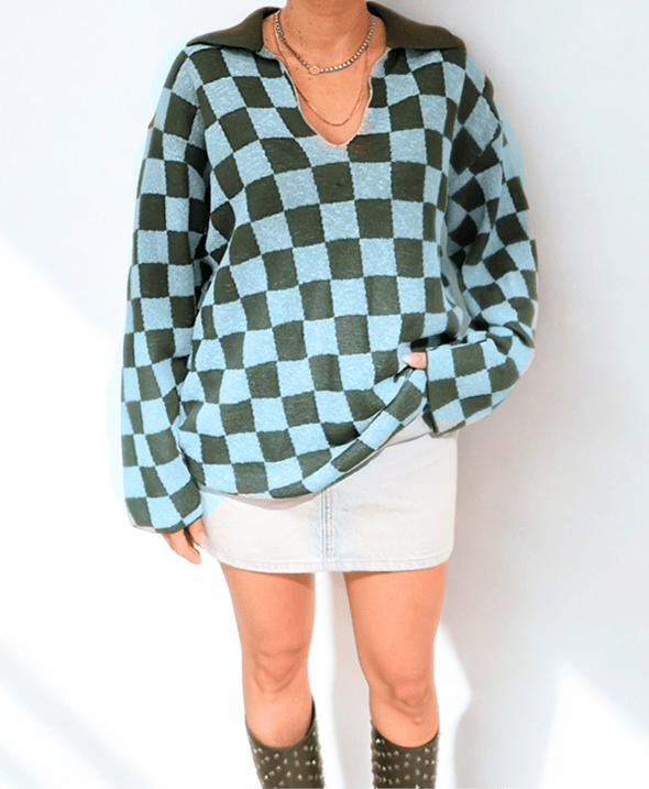 Checkerboard Ease Pullover by Chez Neeba — olive and baby blue checkered knit pullover with a classic collar and wide-fit silhouette, crafted for a relaxed yet refined contemporary look.