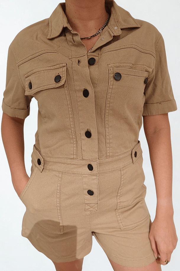 Earth-tone short romper with black buttons by Chez Neeba, limited edition women’s fashion from Dubai
