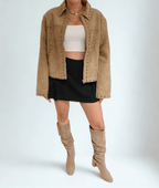 Golden Dusk Jacket by Chez Neeba — elegant beige-gold jacket with a structured silhouette and soft sheen, blending timeless sophistication with modern minimalism.