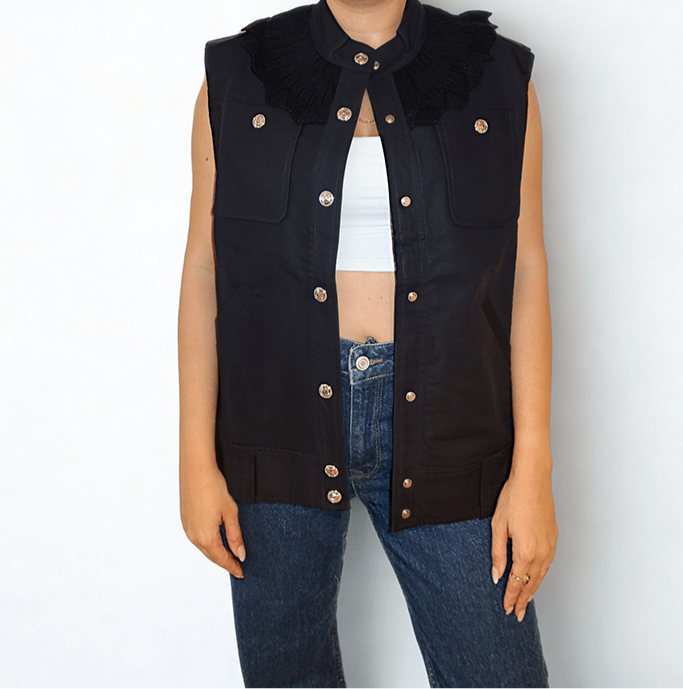 Laced Authority Vest by Chez Neeba — navy blue vest with a knitted collar and lace-up detailing, crafted in a structured yet refined silhouette for a bold and modern edge.