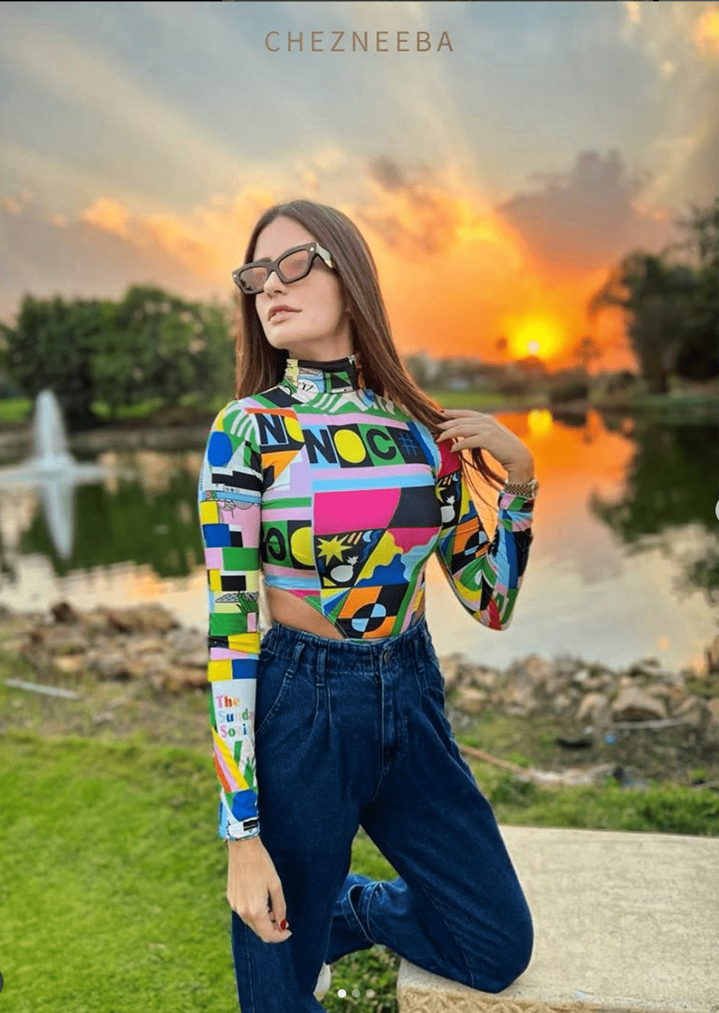 Colorful graphic long-sleeve cropped top with high neck from Chez Neeba.