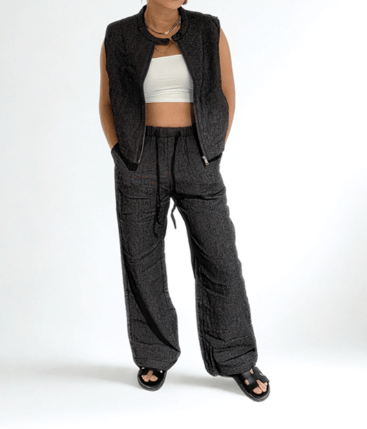 Noir Texture Set by Chez Neeba — chic black textured two-piece set featuring a modern tailored fit and elevated minimalist design.