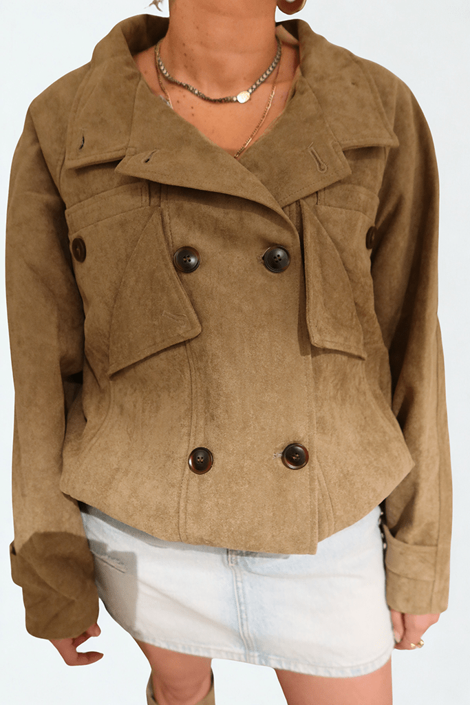 The Sandstone Jacket by Chez Neeba — beige wool cropped jacket with front zip and structured shoulders, limited edition women’s fashion from Dubai.