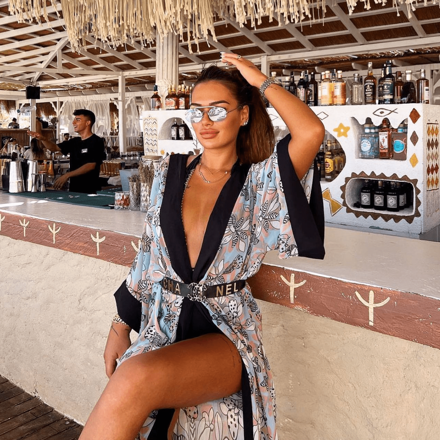 Pastel floral& butterfly kimono with black trim from Chez Neeba.