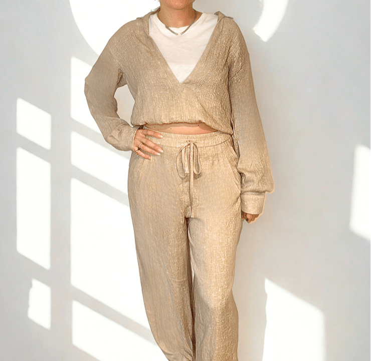 Beige stoneweave linen set for women by Chez Neeba — lightweight two-piece outfit with tailored shirt and relaxed pants.