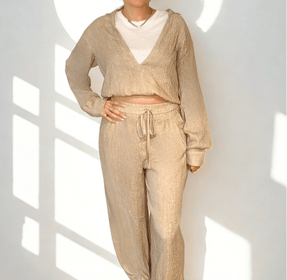 Beige stoneweave linen set for women by Chez Neeba — lightweight two-piece outfit with tailored shirt and relaxed pants.