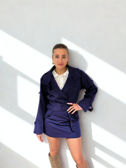 The Dual Trench Set by Chez Neeba — two-piece set featuring a cropped trench jacket and matching mini skirt, limited edition women’s fashion from Dubai.