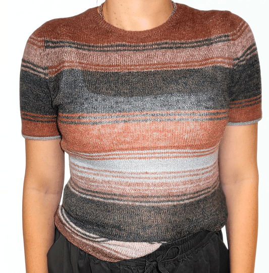 The Horizon Knit Tee by Chez Neeba — striped knit top in warm earthy tones with short sleeves, limited edition women’s fashion from Dubai.