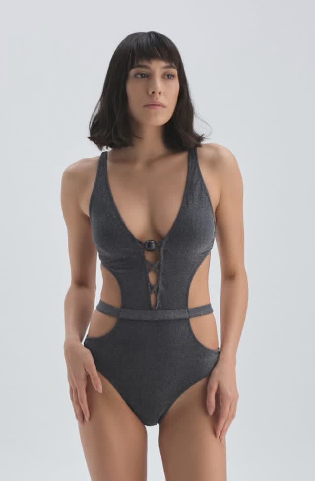 Metallic charcoal cut-out one-piece swimsuit with deep V-neck and waist strap from Chez Neeba.