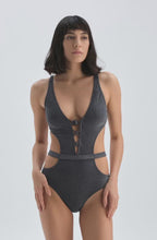Metallic charcoal cut-out one-piece swimsuit with deep V-neck and waist strap from Chez Neeba.