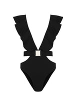 Black swimsuit with ruffled straps on a white background