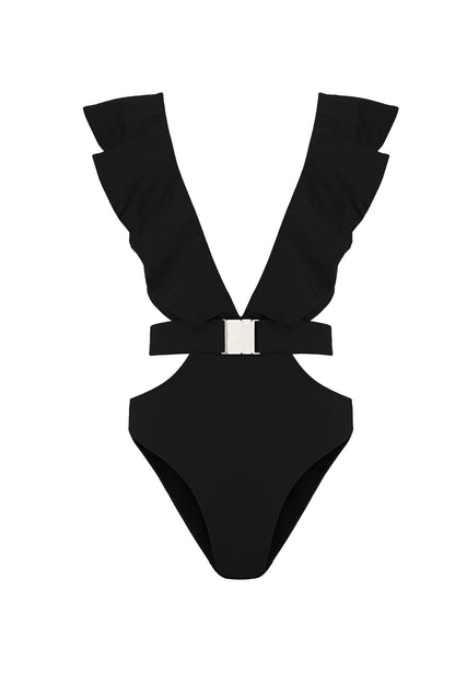 Black swimsuit with ruffled straps on a white background
