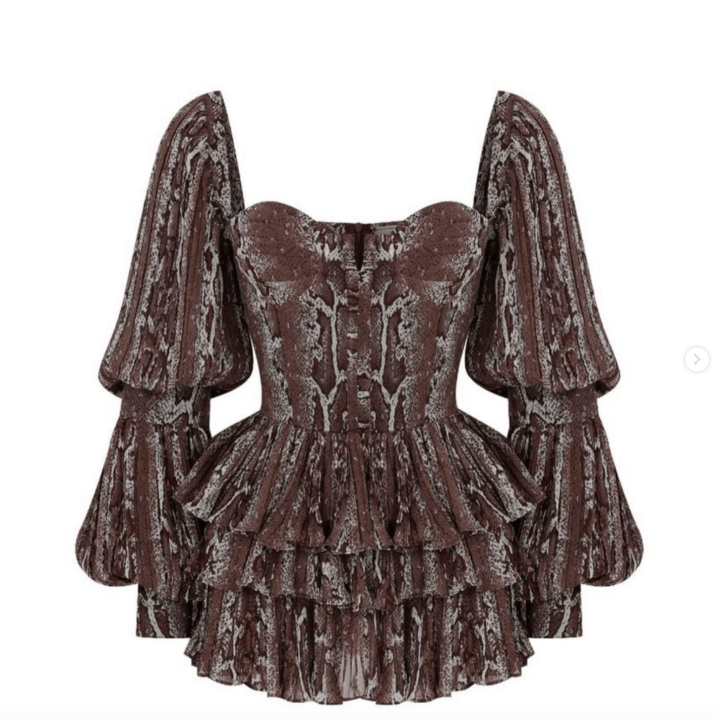 Brown snakeskin print peplum mini dress with puff sleeves from Chez Neeba.