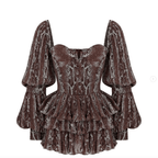 Brown snakeskin print peplum mini dress with puff sleeves from Chez Neeba.