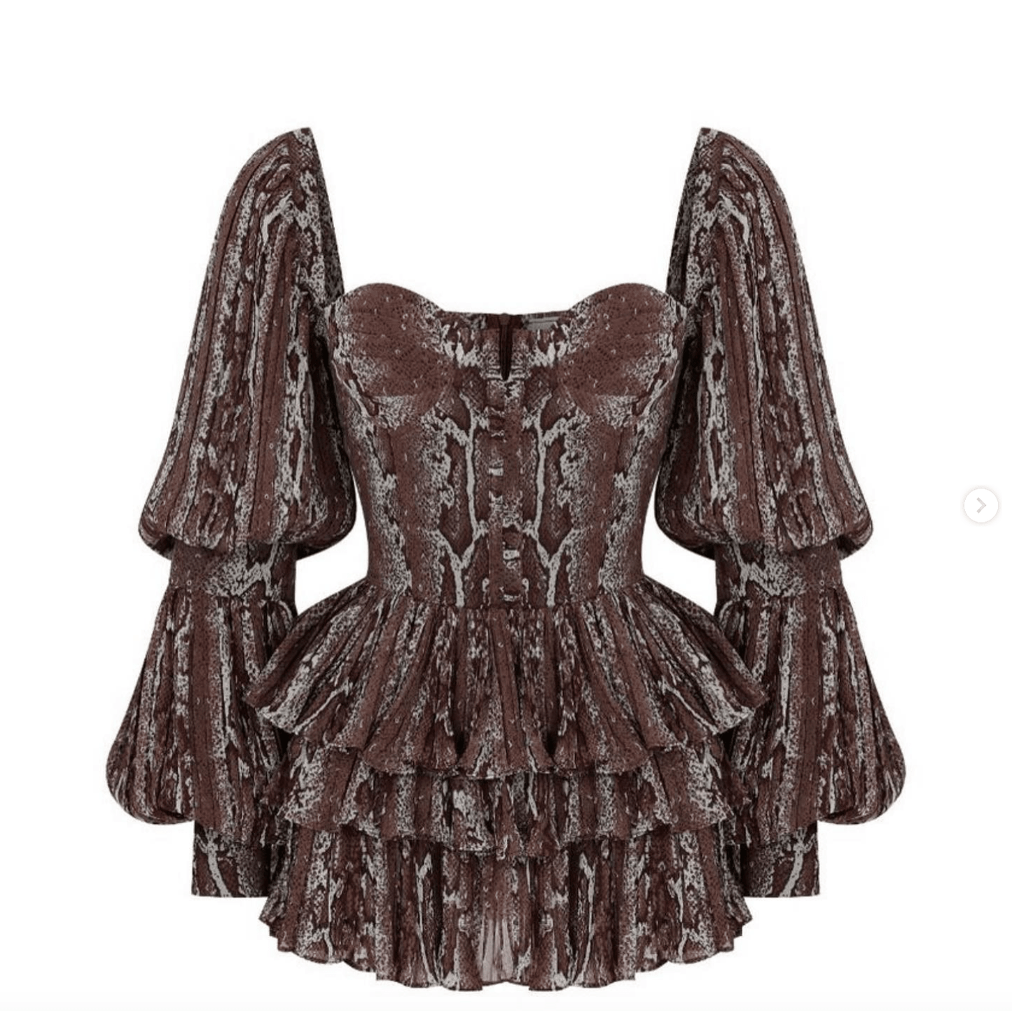 Brown snakeskin print peplum mini dress with puff sleeves from Chez Neeba.