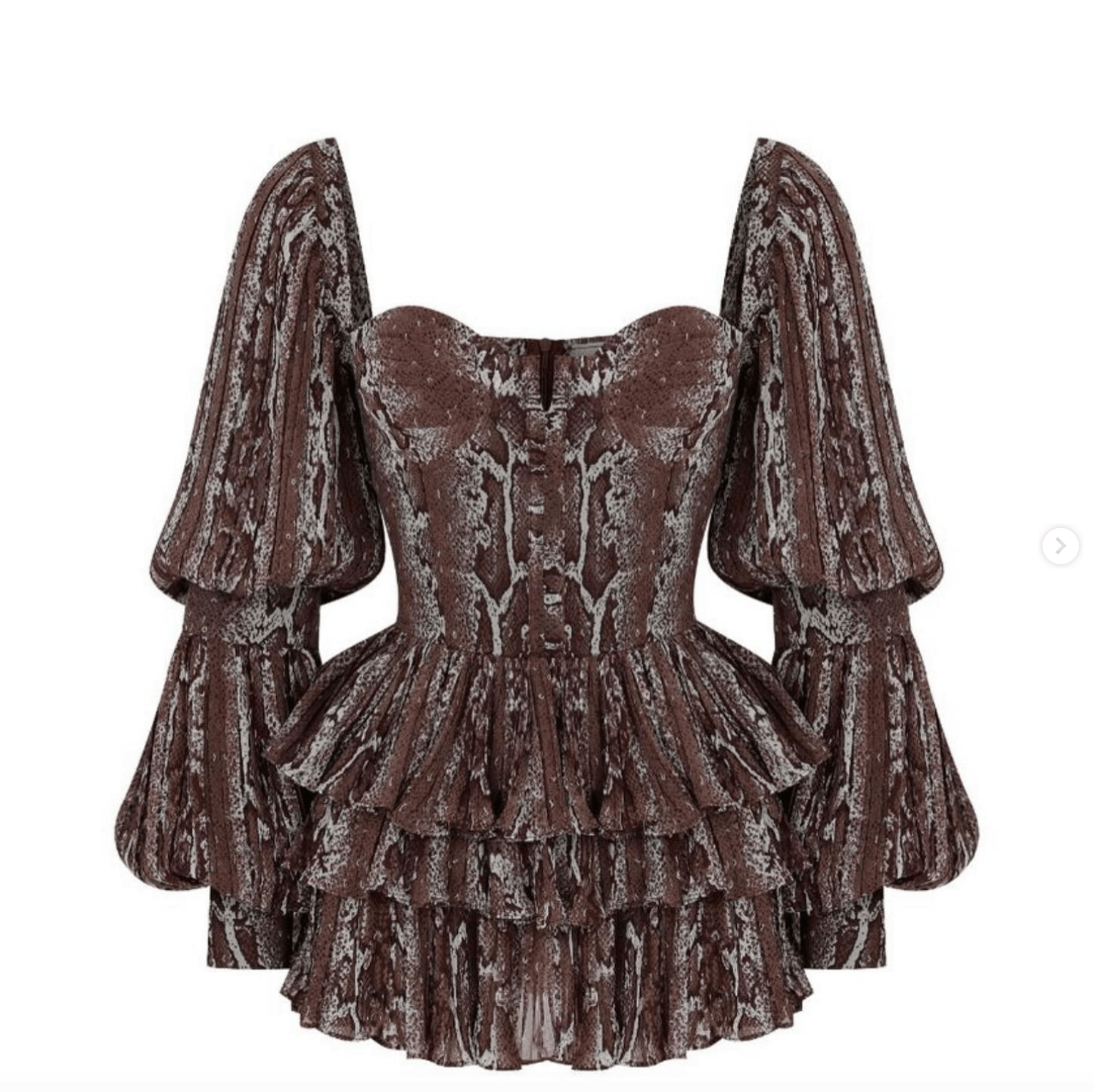 Brown snakeskin print peplum mini dress with puff sleeves from Chez Neeba.