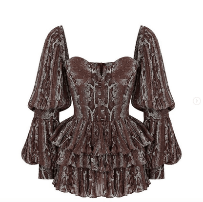 Brown snakeskin print peplum mini dress with puff sleeves from Chez Neeba.
