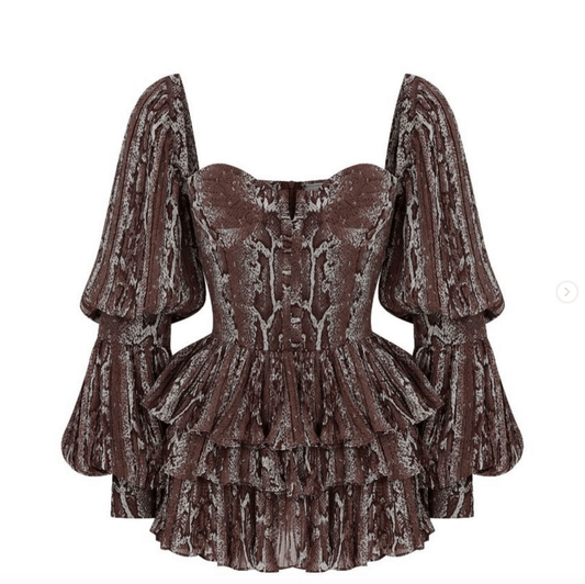 Brown snakeskin print peplum mini dress with puff sleeves from Chez Neeba.