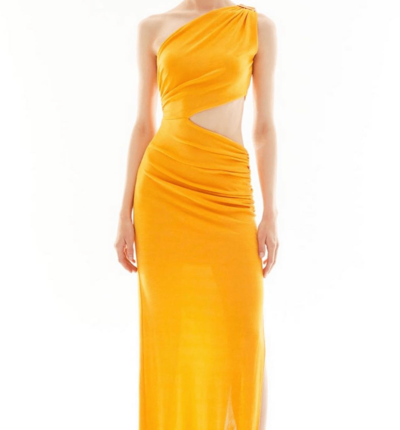 Yellow asymmetric cutout maxi dress with side slit from Chez Neeba.