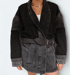 The Wrap Jacket by Chez Neeba — stylish denim jacket in shades of grey and black, featuring a wrap design with a belt that can be buckled or tied for a versatile, structured yet relaxed silhouette.