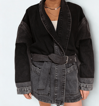 The Wrap Jacket by Chez Neeba — stylish denim jacket in shades of grey and black, featuring a wrap design with a belt that can be buckled or tied for a versatile, structured yet relaxed silhouette.
